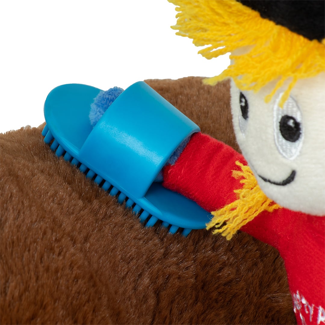 blauwe borstel om te zorgen voor een paardenknuffel
