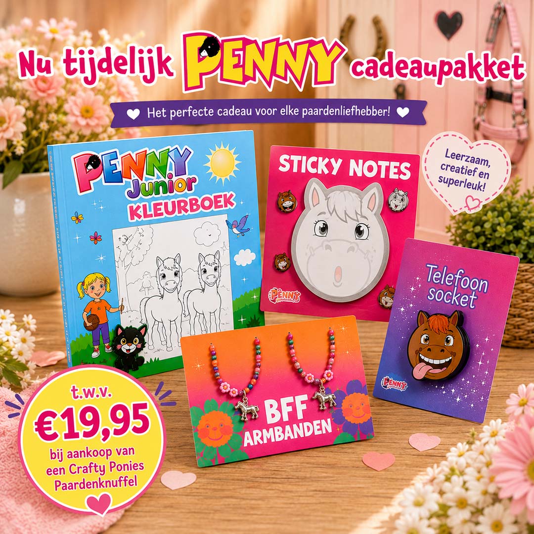 Actiepakket voor paardenliefhebbers met Penny kleurboek, notitieblaadjes, BFF-armbanden en telefoonsocket.