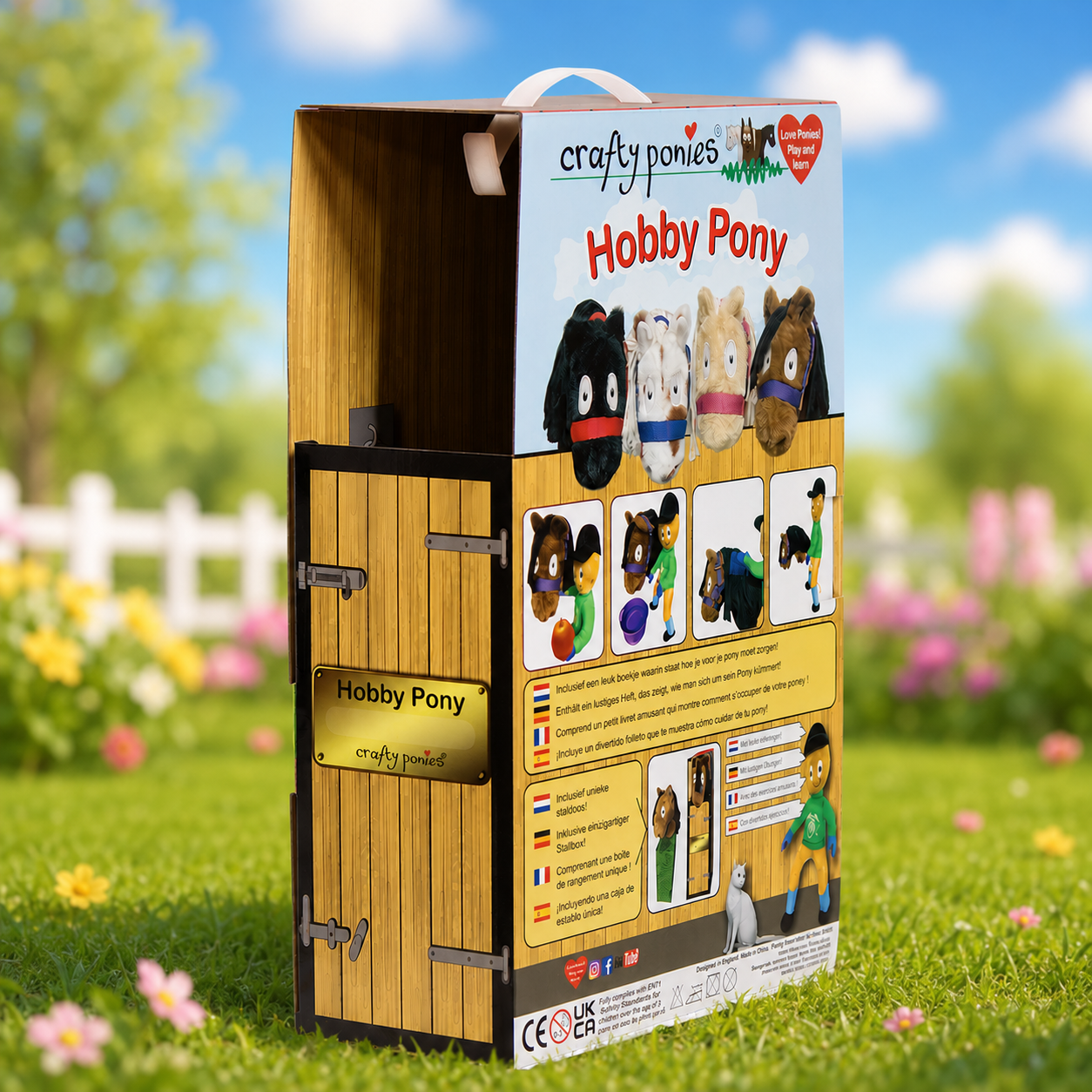Crafty Ponies Hobby Pony verpakking met staldoos, productinformatie en kleurvarianten van de Hobby Pony
