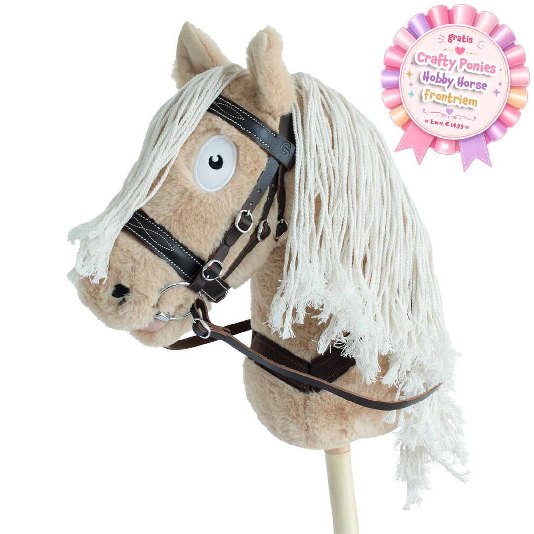 Palomino Crafty Ponies Hobby Horse stokpaard met crèmekleurige vacht, lange witte manen en zwart hoofdstel