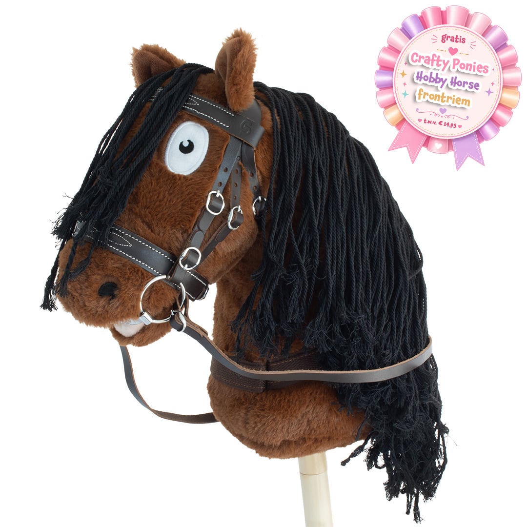 Bruin Crafty Ponies Hobby Horse stokpaard met zwart hoofdstel en lange zwarte manen