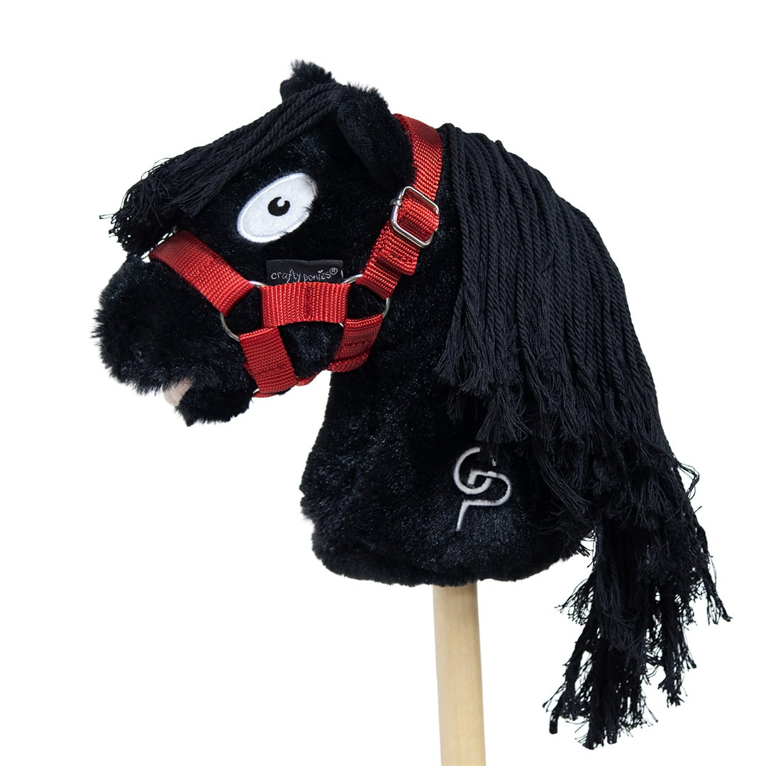 Crafty Ponies Hobby Horse zwart met rood halster en lange zwarte manen
