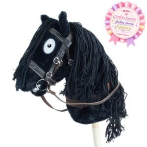 Zwart Crafty Ponies Hobby Horse stokpaard met lange zwarte manen en zwart hoofdstel