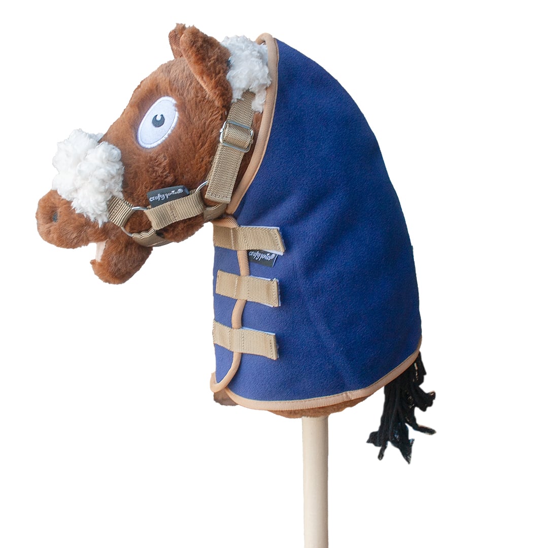 Blauw-halsstuk-en-goudkleurig-halster Luxe halsstuk blauw met goudkleurig luxe halster voor Crafty Ponies Hobby Horse.