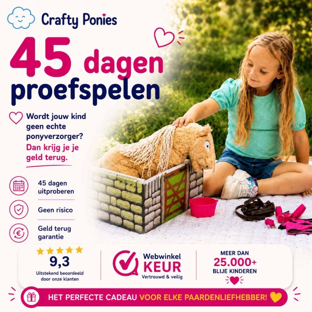 Crafty Ponies paardenknuffel met stal en accessoires – educatief paardenspeelgoed voor kinderen met 45 dagen proefspelen.