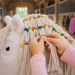 Kind vlecht de manen van een Crafty Ponies paardenknuffel met kleurrijke elastiekjes in een paardenstal.